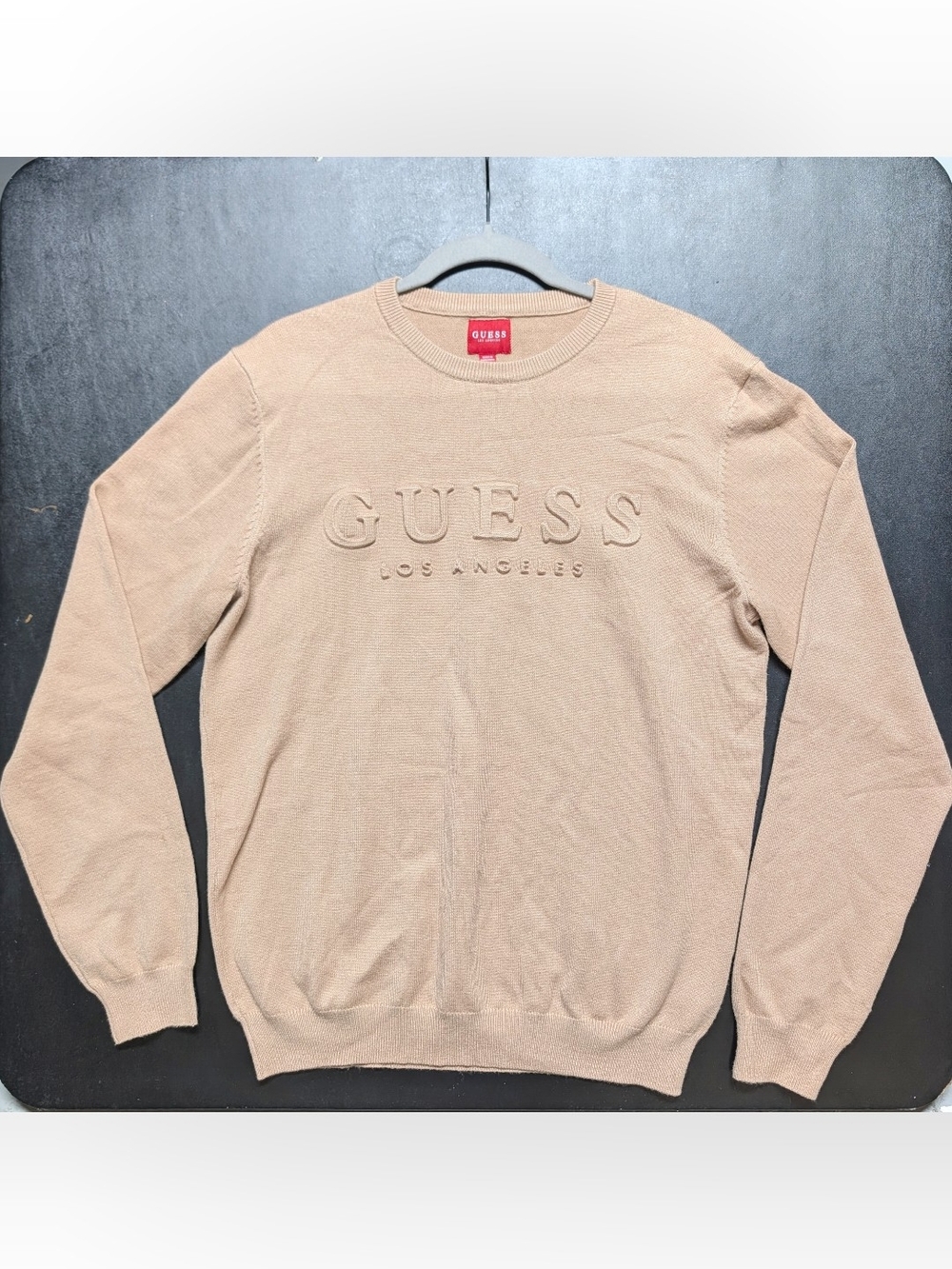 GUESS Beige Embossed Logo Crewneck Sweater Large